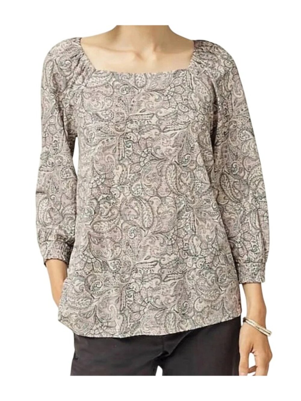 J Jill Blouse Womens M Gray Paisley Square Neck Cotton Modal 3/4 Balloon Sleeves